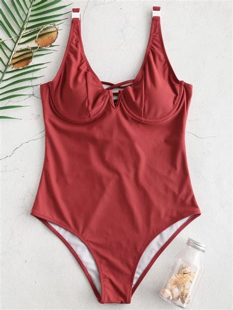 Zaful Lace Up Underwire Swimsuit Cherry Red Xl Bikini For Women