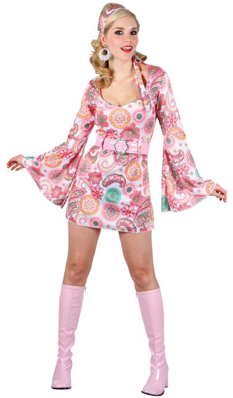 Pink Go Go Girl Fancy Dress Ladies 1960s Hippy Retro Adults 60s Costume