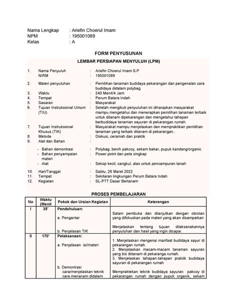 Penyuluh Pertanian Berkelanjutan Tugas Lembar Persiapan Menyuluh Lpm