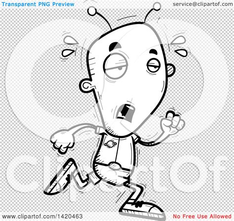 Clipart Of A Cartoon Black And White Lineart Doodled Tired Alien
