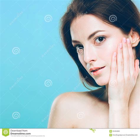 Beauty Woman Face Portrait Beautiful Spa Model Girl With Perfect Fresh Clean Skin Blue