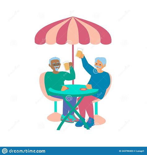 Two Old Men Sitting At Street Cafe Or Restaurant Tables Talking To Each