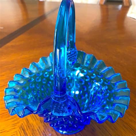 Fenton Accents Vtg Fenton Hobnail Blue Glass Basket With Handle And Ruffled Edge Guc 7x5x7