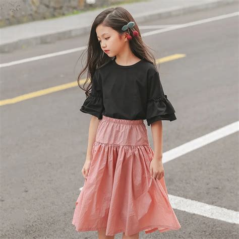 Summer Teenage Girls Clothing Set Size 8 10 12 13 14 16 Years Two Piece Suits Black Tops Pink