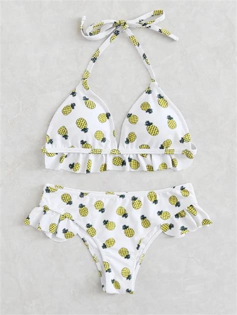 pineapple print ruffle trim halter bikini set shein sheinside halter bikini set bikinis