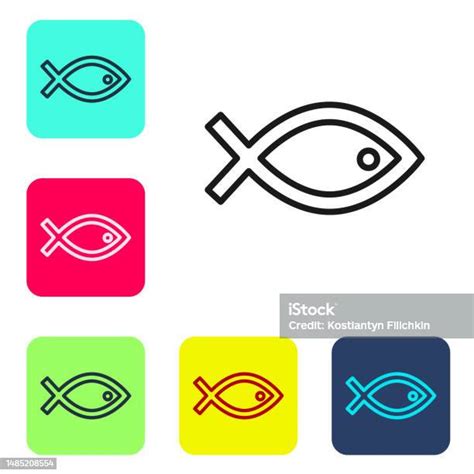 Black Line Christian Fish Symbol Icon Isolated On White Background