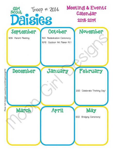 Daisy Girl Scout Yearly Calendar Troop Fillable Printable Pdf Template