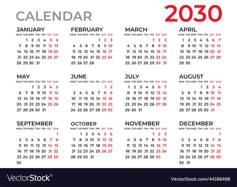 Calendar 2030 Template Planner Year Royalty Free Vector