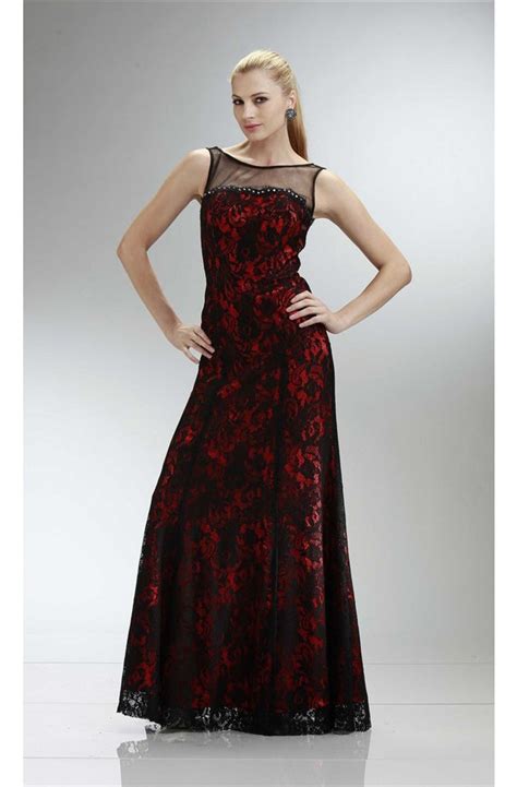 Stunning Sheath Bateau Neckline Long Red Satin Black Lace Prom Dress