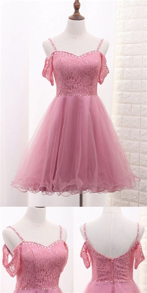 Chic Tulle Lace Spaghetti Strap With Beading Homecoming Dresses Mini