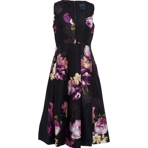 Black Floral Print Sleeveless Pleated Dress Occasion Dresses