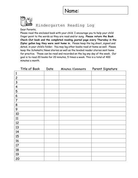 Kindergarten Reading Log Template In Word And Pdf Formats