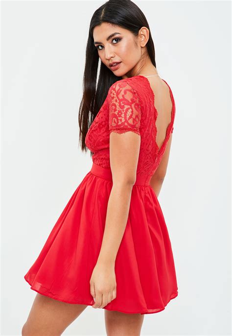 Missguided Red Lace Plunge Skater Dress Lyst