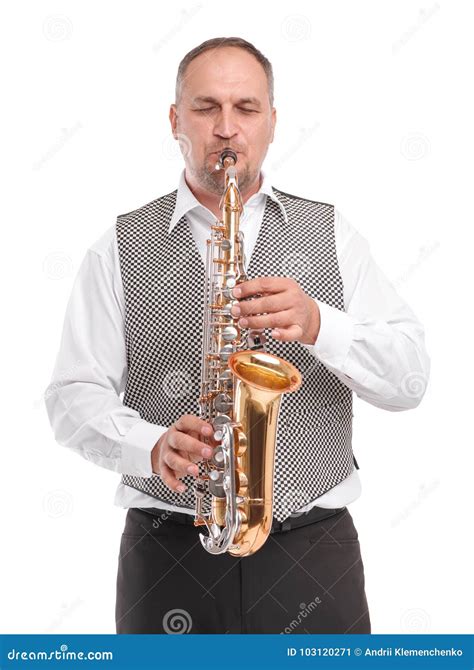 Man Playing Saxophone On White Isolated Background Stock Image Image