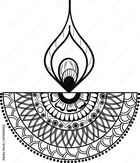 Decorative Diyadeepak Symbol With Henna Design Vector Black And White
