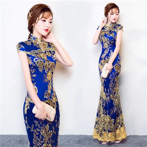 buy blue wedding party cheongsam oriental evening dress chinese traditional