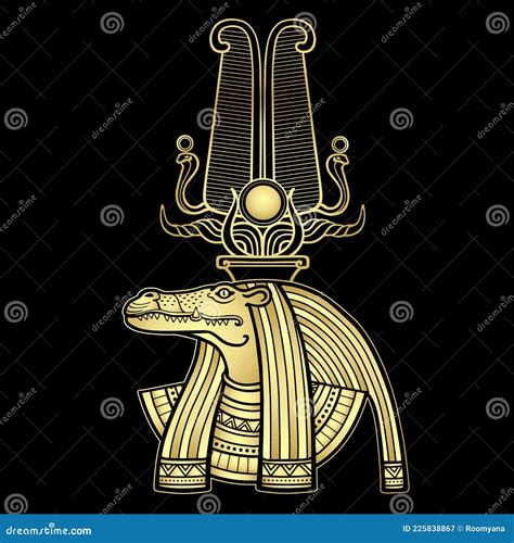 Animation Color Portrait Ancient Egyptian God Sobek Deity With A Crocodile`s Head Profile View