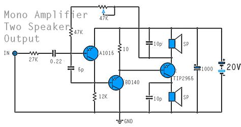 .stereo to mono amp wiring mono to stereo adapter stereo to mono converter mono jack wiring wiring 4 8 ohm speakers mono to stereo schematic 9.klopdfr.richarddeinmakler.de. Mono Power Amplifier using A1015, BD140 ,TIP2955 - Electronic Circuit