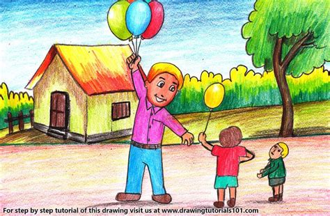 Balloon Man | Art drawings for kids, Scenery drawing for kids, Oil