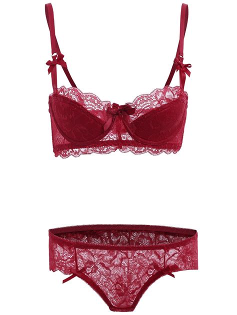 24 Off 2020 Underwire Bowknot Scalloped Lace Bra Set In Deep Red Zaful