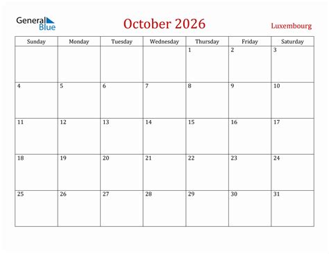 October 2026 Luxembourg Monthly Calendar With Holidays