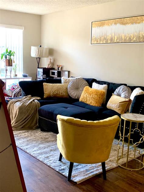 Black Couch Mustard Gold Accent Decor Gold Living Room Walls Gold