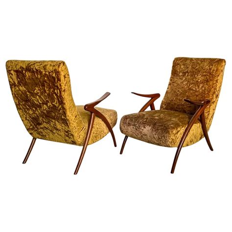Pair Of Vintage 1950s Italian Armchairs With Wood Legs And Eclectic Upholstery For Sale At 1stdibs