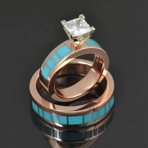 Rose Gold Turquoise Wedding Band And Diamond Engagement Ring A Photo