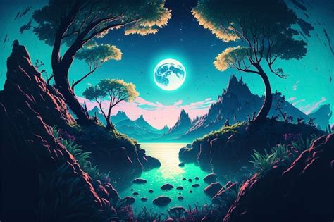 Premium Ai Image Painting Of A Forest At Night With A Full Moon In
