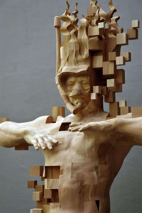 Masterfully Carved Wood Sculpture Of A Submerged Man With A Pixelated