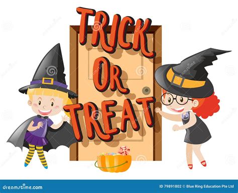 Kids In Halloween Costume Trick Or Treating Stock Vector Illustration