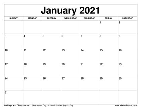 Free Printable January 2021 Calendars For Printfree