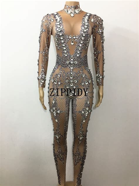Silver Sparkly Crystals Jumpsuits Long Sleeves Big Stones Bodysuit