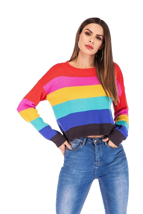 Knitted Rainbow Stripe Sweater Tomscloth Women Pullover Sweaters