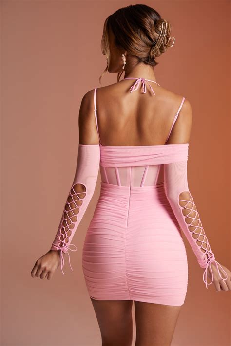Rayar Lace Up Long Sleeve Corset Mini Dress In Pink Oh Polly