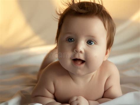 Newborn Baby Girl Big Blue Eyes Her Tummy Stock Photos Free And Royalty