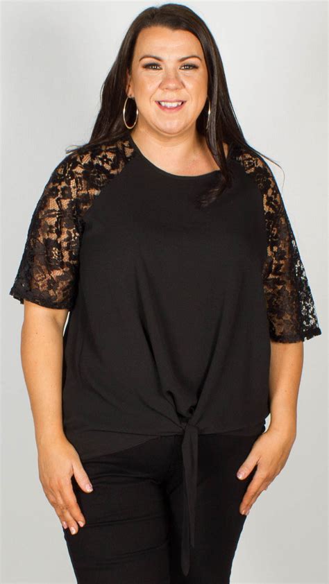 Ria Black Lace Sleeve Top With Knot Front Curvewow
