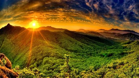 Mountain Forest Sun Green Nature Sunrise Clouds Sky Hd