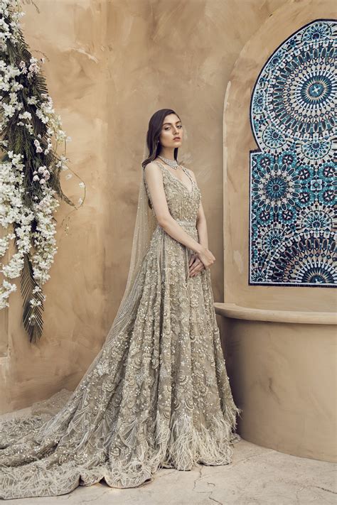 Leternite Silver Color Beaded Pakistani Bridal Dress Available Online
