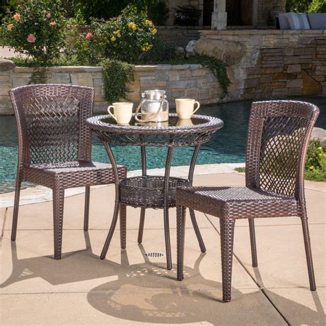 Dana Outdoor 3 Piece Multi Brown Wicker Bistro Set With Tempered Glass