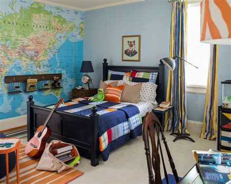 Boy bedroom decor in red, white, and blue, adventure boy bedroom design, teen boy bedroom decor, tween boy room decor with plaid bedding and map art. 20+ Teen Boys Bedroom Designs, Decorating Ideas | Design ...