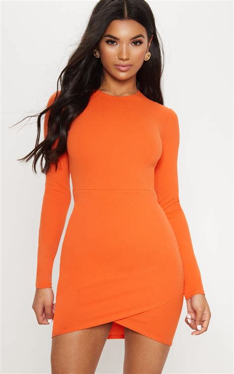 Bright Orange Long Sleeve Wrap Skirt Bodycon Dress Prettylittlething Il