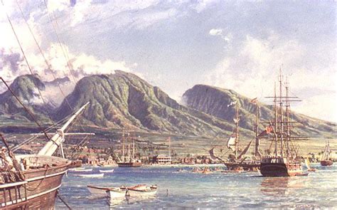 A Painting Of Ships In The Water With Mountains In The Background