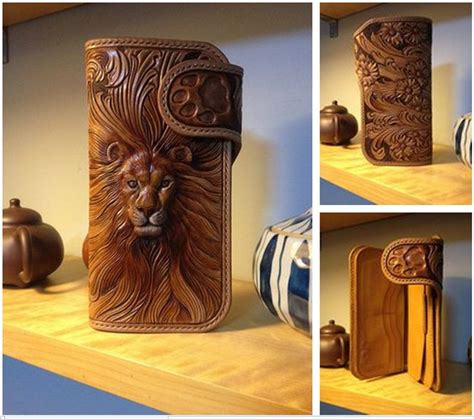 Four Different Views Of An Intricately Carved Leather Flask With Lions