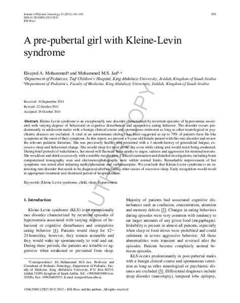 Pdf A Pre Pubertal Girl With Kleine Levin Syndrome Mohammed Jan