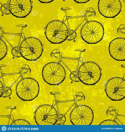Hand Drawn Bicycles Seamless Pattern On Yellow Background Stock Vector