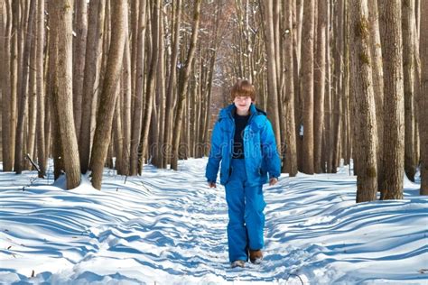 Cute Boy Walking In A Snowy Forest On A Cold Sunny Day Stock Image