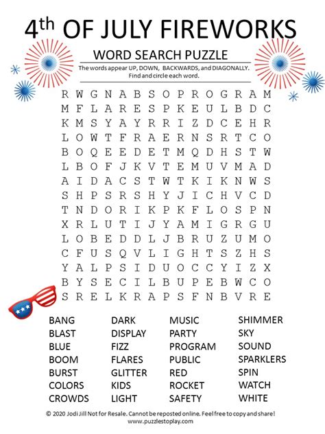 4th Of July Fireworks Word Search Puzzle Puzzles To Play