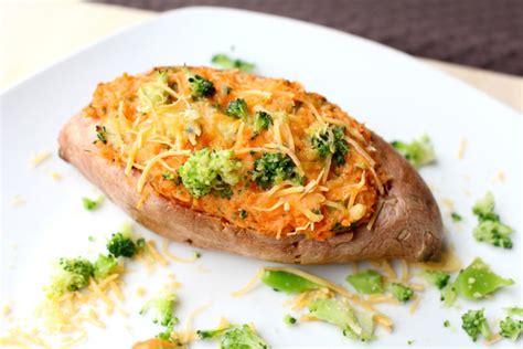 The flesh of baked russet potatoes was mashed with broccoli, butter, and olive oil, and then spooned into the skins and baked a second time. Twice Baked Broccoli Cheese Sweet Potatoes - Meatless ...