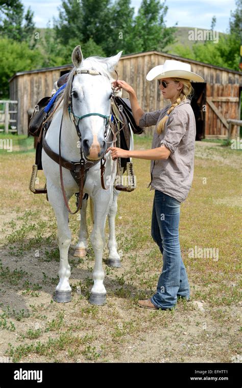Cowgirl And Horse La Reata Ranch Saskatchewan Canada Stock Photo Alamy